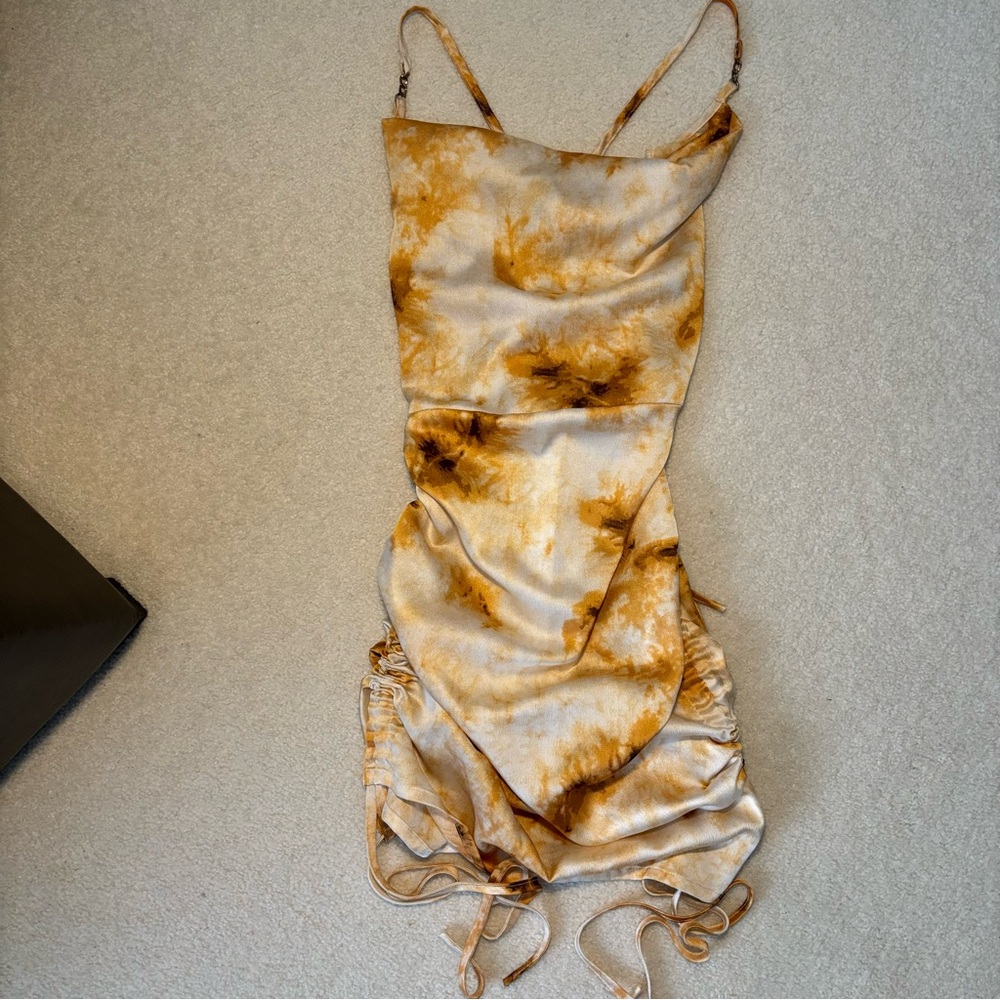 Orange Ruched Lace up Cowl Neck Dress
